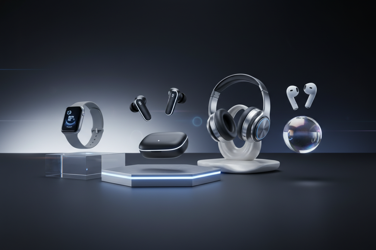 Create a high-definition hero banner image for a modern tech accessories brand. Showcase premium products including wireless earbuds, airpods, digital smartwatches, and over-ear headphones arranged in a stylish, minimal tech layout. Use a clean futuristic background with soft gradients (black, charcoal, dark navy, or white with subtle glow). Display the products floating or placed on sleek geometric platforms.

Lighting: cinematic soft lighting, glossy reflections, subtle rim light, precise shadows, premium