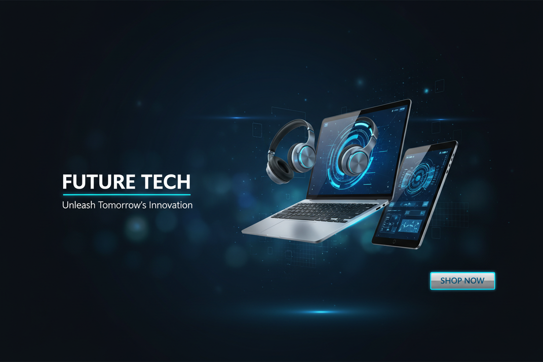 Create an ultra-high-quality 4K Shopify banner for a modern tech product store. Futuristic and clean design, smooth gradients, glowing accents, premium metallic elements, sleek minimalistic background, soft blue and neon lighting, sharp details, and professional product showcase. Include floating tech gadgets, holographic effects, and a high-tech aesthetic. Wide 16:9 aspect ratio, realistic reflections, crisp visuals, perfect for an e-commerce technology homepage hero banner.
